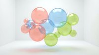 Colorful translucent spheres floating in modern minimalist space with soft lighting and clean white background for contemporary design projects.