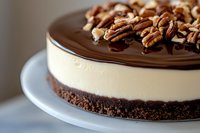 Creamy vanilla cheesecake with chocolate ganache topping and pecan nuts on chocolate cookie base, served on white plate. Close up view of dessert.