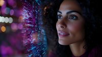 Young mixed-race woman with curly hair gazing at colorful fiber optic lights in dark setting, technology and innovation concept for digital marketing.