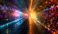 Abstract digital tunnel with glowing orange center point and radiating light beams in blue and purple colors creating futuristic technology perspective.