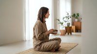 Young woman in beige outfit meditating on yoga mat in bright minimalist room with plants and natural light streaming through windows.