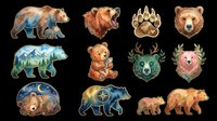 Watercolor bear clipart set with 10 isolated elements including grizzly, cub, paw print, and forest designs on transparent background, ready for stickers, t-shirt design, and print on demand.