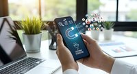 Businessman using smartphone with digital marketing icons and social media network connections in modern office workspace for business communication strategy.