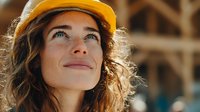 Young Caucasian female construction worker in yellow hard hat looking up with hopeful expression at building site during golden hour lighting.