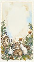 Watercolor frame with cute mice family among wildflowers and botanical elements on textured paper background for greeting cards and invitations.
