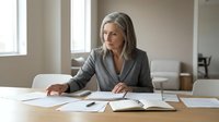 Mature woman with gray hair and light skin tone, wearing professional gray blazer, seated at wooden desk reviewing documents and paperwork in modern office environment with natural window lighting.