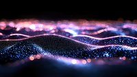 Glowing digital wave landscape with particles and bokeh lights in blue and pink colors against dark background creates futuristic technology visualization effect.