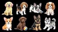Cute puppy breed clipart set isolated on transparent background, ready for stickers, t-shirt design, print on demand, sublimation, and scrapbooking projects.
