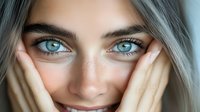 Close-up portrait of young woman with striking blue eyes and silver hair framing her face with hands on cheeks, expressing gentle emotion.