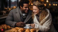 Multiracial couple enjoying coffee and croissants at outdoor cafe. Young African American man and Caucasian woman sharing romantic moment in winter coats.