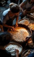 Young female artisan carefully sorting raw almonds in large rustic bowl under warm directional lighting, creating dramatic shadows in traditional workshop setting.
