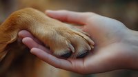Human hand gently holding dog paw showing trust bond between pet and owner in caring gesture of friendship and loyalty.