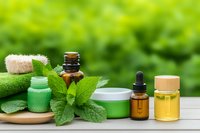 Natural skincare products with fresh mint leaves on wooden surface against green garden background. Eco-friendly cosmetics and essential oils for spa treatments.