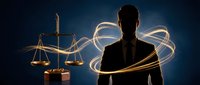 Professional male lawyer silhouette holding golden scales of justice with glowing light trails symbolizing legal expertise and courtroom representation.