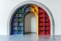 Colorful arched doorway with rainbow gradient bookshelves on walls, featuring blue, yellow and red sections divided by stone architectural elements.