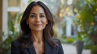 Confident businesswoman with warm smile in professional attire against blurred green background, conveying leadership and approachability in corporate setting.
