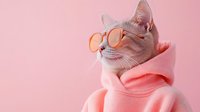 Stylish cat wearing pink hoodie and round sunglasses against pink background. Fashion pet portrait in trendy millennial aesthetic for social media and lifestyle content.