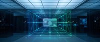 Modern data center server room with holographic cybersecurity interface displaying digital lock icon and network connections for technology concepts.