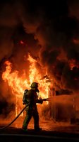 Firefighter in protective gear battles intense house fire with dramatic orange flames and thick smoke clouds creating powerful emergency response scene.