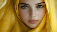 Young Caucasian woman with striking blue eyes wearing golden yellow headscarf, soft natural lighting creates warm portrait for fashion and beauty concepts.