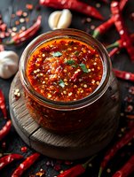 Homemade spicy chili flakes sauce in glass jar with red hot peppers and garlic on dark wooden background for cooking and seasoning dishes.