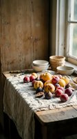 Rustic kitchen scene with fresh stone fruits and figs arranged on linen cloth near window, wooden bowls and vintage atmosphere for cooking content.