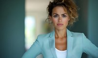 Confident businesswoman in mint blazer with curly updo hairstyle and natural makeup poses against blurred office background, portraying leadership and success.