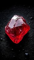Glowing red crystal on dark wet surface with water drops, dramatic lighting highlights translucent gemstone structure creating mysterious atmosphere.