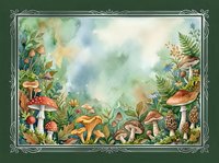 Watercolor forest floor scene with mushrooms, ferns and woodland plants in decorative frame for nature themed designs and botanical illustrations.