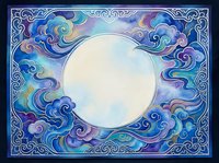 Mystical moon surrounded by swirling clouds in ornate decorative frame with intricate border patterns. Fantasy celestial artwork for spiritual and esoteric designs.