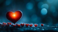Glowing red heart with small hearts trail on dark blue bokeh background, romantic mood lighting creates magical Valentine atmosphere for greeting cards.
