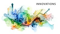 Creative business innovation concept with colorful watercolor splash, lightbulb, gears, charts and growth arrows for corporate strategy presentations.