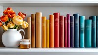 Colorful rainbow collection of books arranged on white shelf with orange and yellow tulips in white ceramic vase and honey jar, creating cozy home library atmosphere.