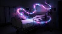 Magical purple energy swirls around hospital bed in dark medical room creating mystical healing atmosphere for fantasy healthcare concepts.