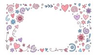 Hand-drawn doodle frame with hearts, flowers, swirls and arrows in pastel colors on white background for romantic designs and greeting cards.