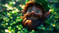 Cheerful leprechaun with red beard and green hat peeking through clover leaves, magical forest creature with bright blue eyes and mischievous smile surrounded by shamrocks.
