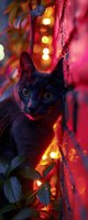 Black cat portrait with glowing eyes against red and gold bokeh lights surrounded by green leaves, creating mysterious and magical holiday atmosphere.