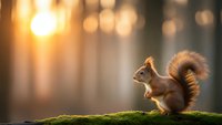 Red squirrel sitting on moss-covered log during golden hour sunset with warm bokeh lights creating magical forest atmosphere for nature photography.