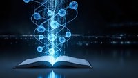 Open book with glowing blue digital DNA helix and molecular structures emerging from pages representing science education and genetic research innovation.