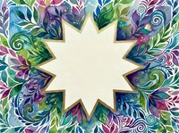 Watercolor floral frame with star-shaped copy space, vibrant green, purple, and blue botanical swirls, gold outline, for cards and invitations.