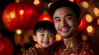 Asian father and son in traditional red clothing celebrating Chinese New Year with lanterns and warm bokeh lights creating festive holiday atmosphere.