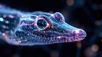 Mystical glowing alligator head in profile with constellation-like patterns and sparkles against dark background, creating ethereal cosmic effect in purple and blue tones.