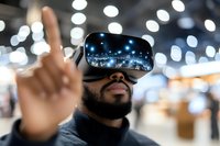 African American man wearing virtual reality headset pointing upward, with bokeh lights in background and digital city reflection in VR goggles.