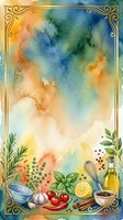 Watercolor cooking background with fresh herbs, vegetables, olive oil, and spices arranged around ornate gold frame border, featuring vibrant blue, orange, and yellow gradient wash. Use for recipe cards, cookbook covers, culinary blogs, restaurant menus, food packaging, and kitchen decor designs.