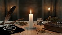 Mystical altar setup with burning candle, crystal ball, pentagram, dried herbs, feather and ancient books for spiritual rituals and divination practices.