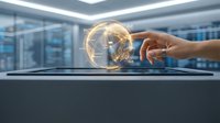 Hand touching glowing digital brain hologram in modern office environment representing artificial intelligence and neural network technology innovation.