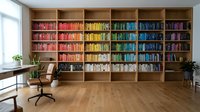 Modern home office with rainbow organized bookshelf wall featuring color-coordinated books from red to purple, wooden desk chair and hardwood floors.