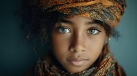 Young African woman with natural curly hair wearing traditional colorful headwrap and scarf, close-up portrait with striking eyes and warm lighting.