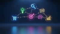 Digital marketing strategy network with glowing neon icons connected by dotted lines showing business growth cycle on dark blue background.
