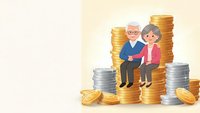 Senior couple sitting on stacks of coins planning retirement savings and financial security for golden years together.